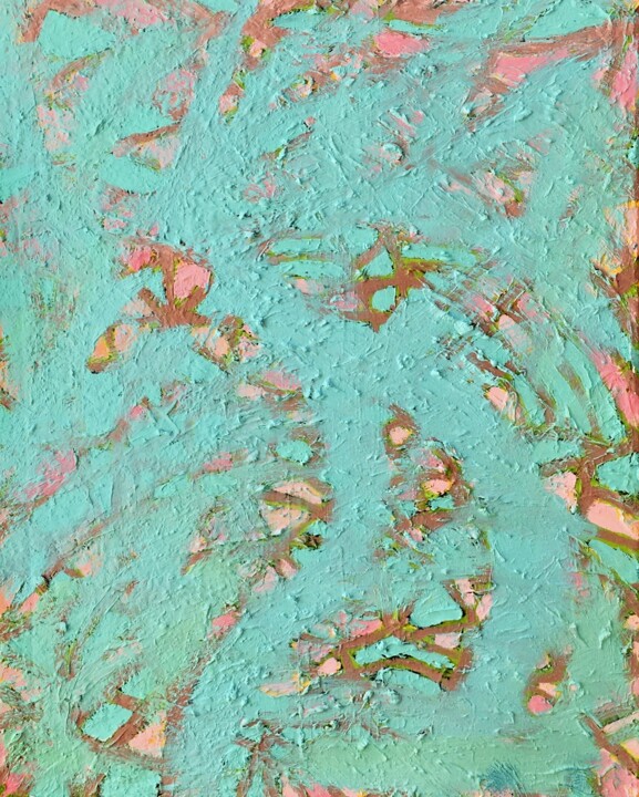 Painting titled "Turquois and Pink" by Bahram Berj Kafai, Original Artwork, Oil Mounted on Wood Stretcher frame