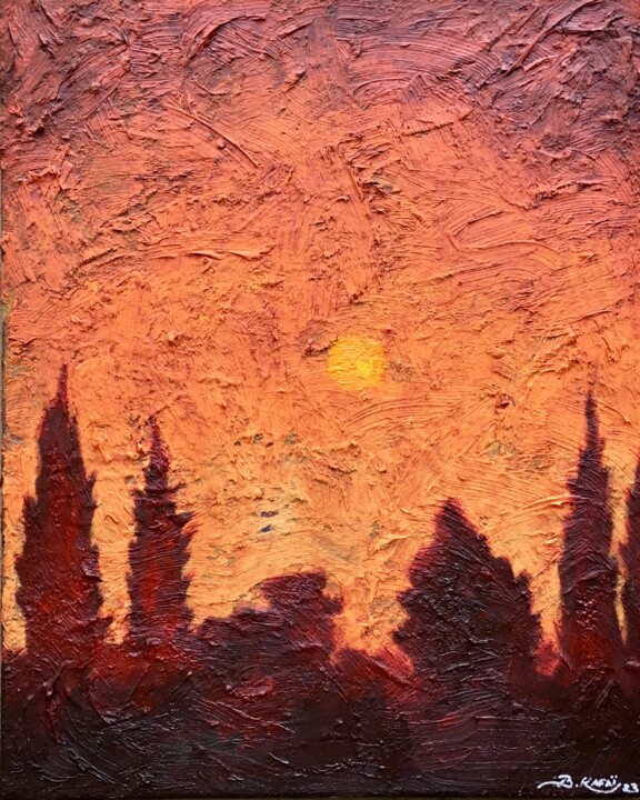 Painting titled "Red sunset" by Bahram Berj Kafai, Original Artwork, Oil Mounted on Wood Stretcher frame