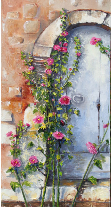 Painting titled "rose-tremière" by Baia Pontier, Original Artwork, Oil