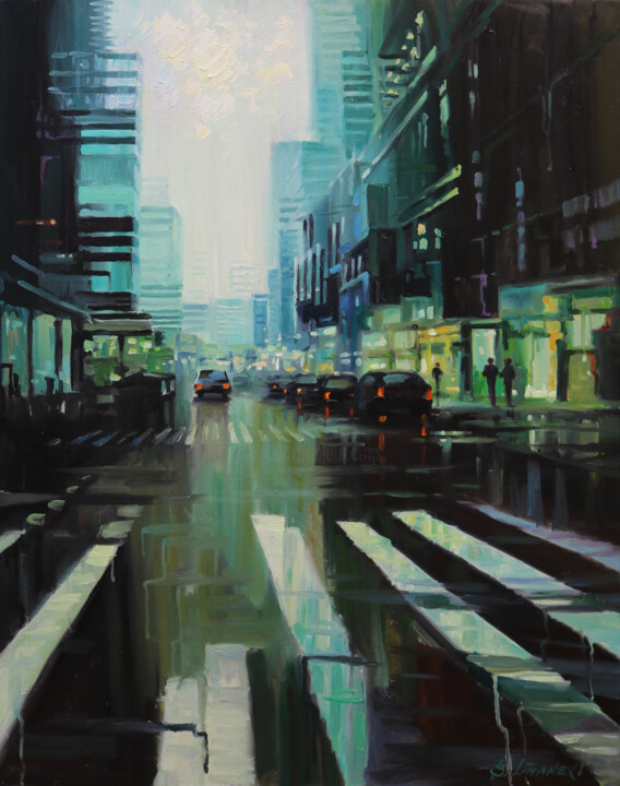 Ζωγραφική με τίτλο "Rainy morning in NYC" από Baiba Limane, Αυθεντικά έργα τέχνης, Λάδι