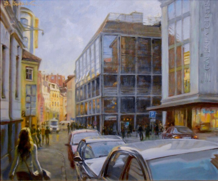 Painting titled "Evening in Old Riga" by Baiba Limane, Original Artwork, Oil