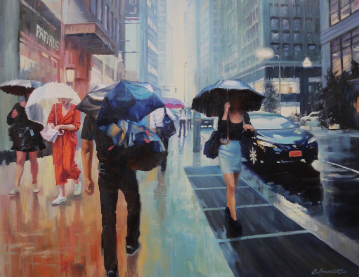 Painting titled "Walk in the rainy d…" by Baiba Limane, Original Artwork, Oil