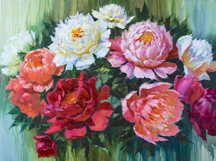 Painting titled "Peonies" by baibalimane, Original Art, Oil