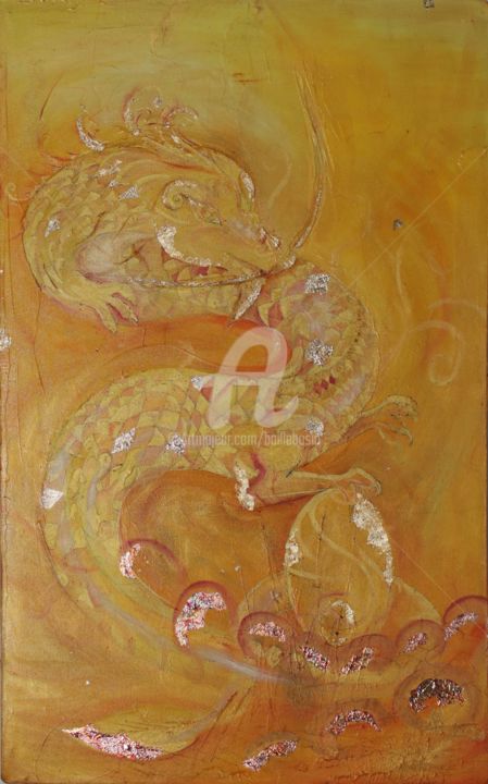 Peinture intitulée "Golden Dragon Spirit" par Jez Bb, Œuvre d'art originale, Huile