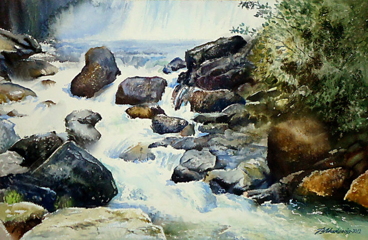 Painting titled "Горный поток.Алтайс…" by Valerij Makovoj, Original Artwork, Watercolor