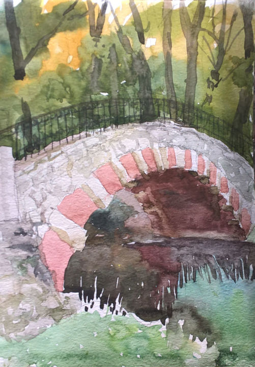 Картина под названием "мостик" - Олег Медведев, Подлинное произведение искусства, Акварель