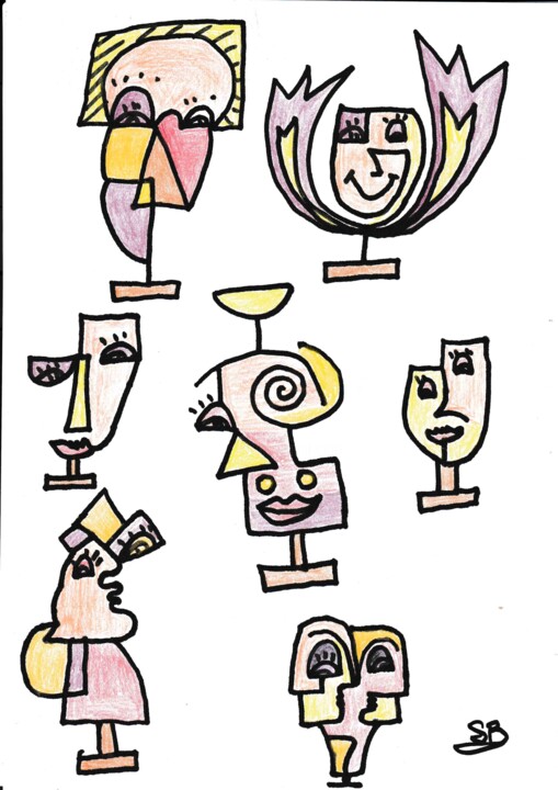 Zeichnungen mit dem Titel "figurines éparses" von Balavoine Sophie, Original-Kunstwerk, Pastell