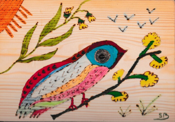 "oiseau multicolor s…" başlıklı Baskıresim Balavoine Sophie tarafından, Orijinal sanat, Gravür Ahşap Sedye çerçevesi üzerine…