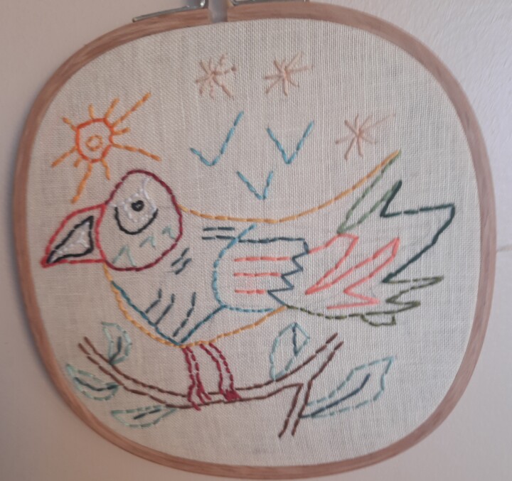 Arte tessile intitolato "oiseau broderie" da Balavoine Sophie, Opera d'arte originale, Ricamo Montato su Cartone