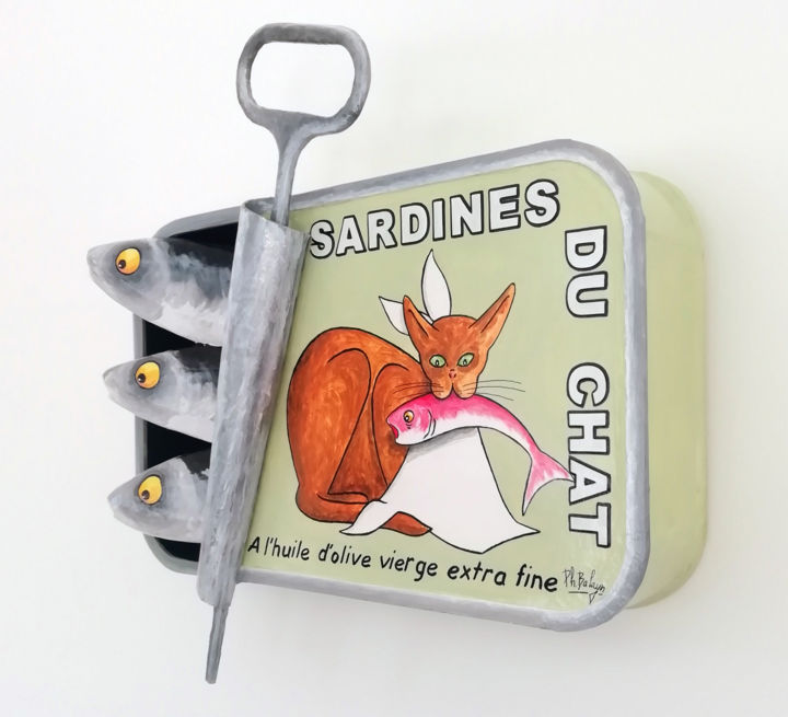 Sculpture titled "Sardines du Chat Go…" by Philippe Balayn, Original Artwork, Cardboard