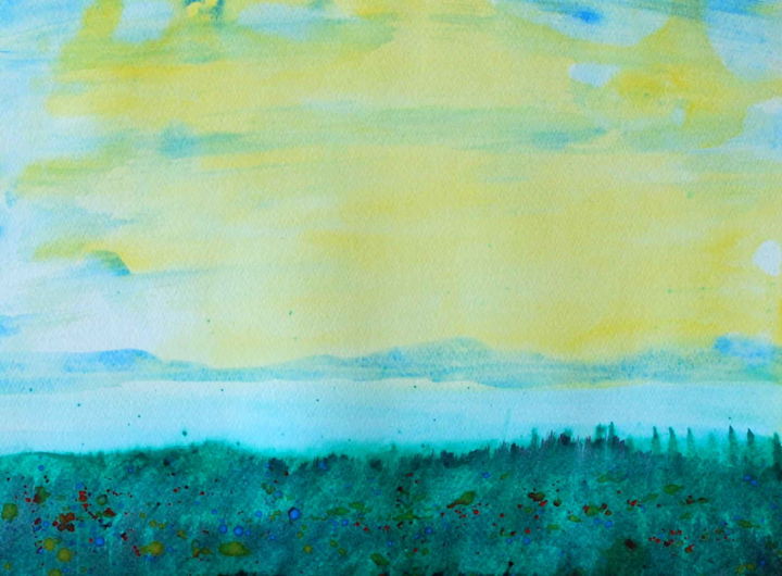 Painting titled "Paysage V" by Valentin, Original Artwork, Watercolor