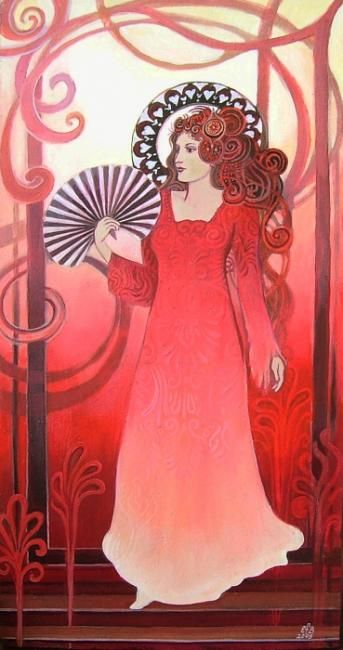 Painting titled "Red Art Nouveau God…" by Emily Balivet, Original Artwork, Oil