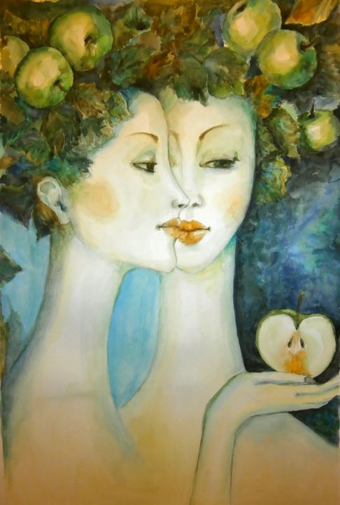 Painting titled "Девушки с яблоками" by Tatyana Chuprina, Original Artwork, Watercolor