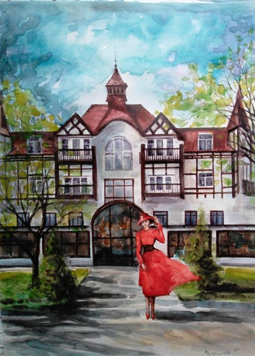 Schilderij getiteld "Девушка в красном п…" door Tatyana Chuprina, Origineel Kunstwerk, Aquarel