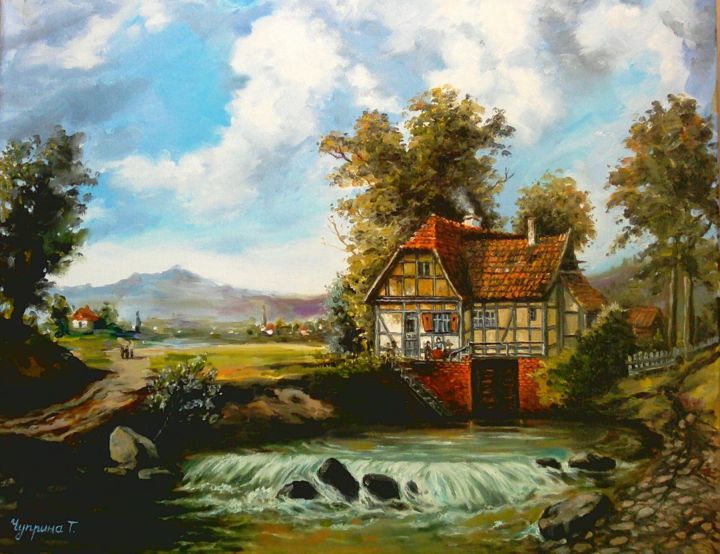 Painting titled ""On the mill pond."" by Tatyana Chuprina, Original Artwork, Oil