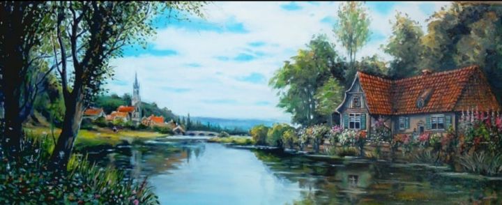 Painting titled ""The house on the r…" by Tatyana Chuprina, Original Artwork, Oil