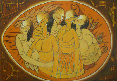 Peinture intitulée "Village Life" par Bangar, Œuvre d'art originale