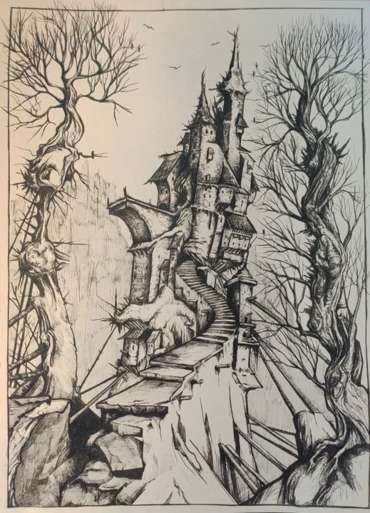Рисунок под названием "Горный замок" - Елена Фролова, Подлинное произведение искусства, Маркер