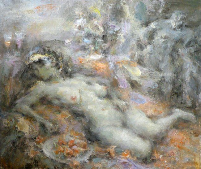 Peinture intitulée "Reclining Nude" par Baocheng Zhao, Œuvre d'art originale