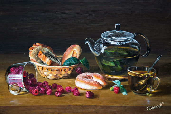 Painting titled "Малиновый чай" by Maria Gudzenco, Original Artwork, Oil