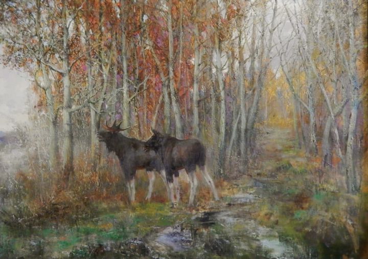 Painting titled "Лоси" by Galina Baranova, Original Artwork, Oil