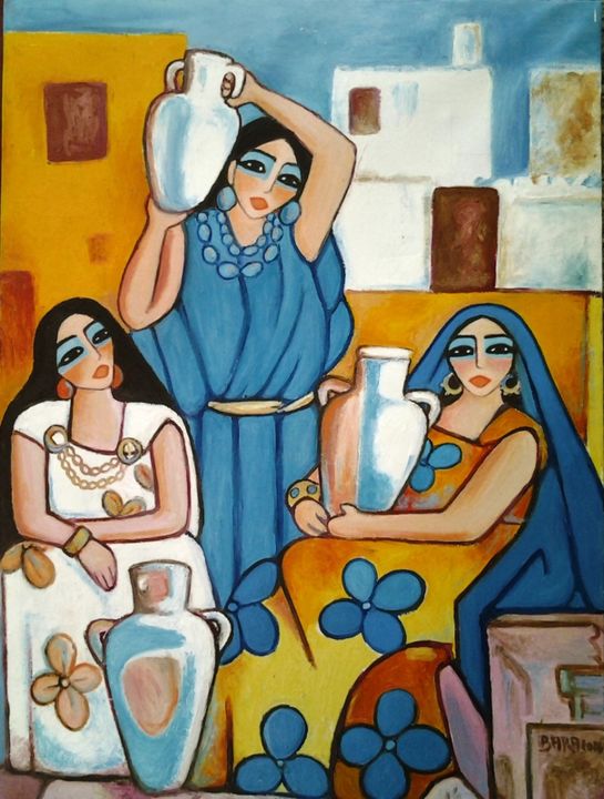 Pintura intitulada "porteuse des jarres" por Ahmed Salah Bara, Obras de arte originais