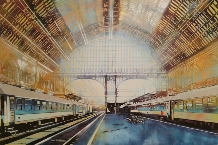 Pintura intitulada "Waiting for a train…" por Zsombor Barakonyi, Obras de arte originais, Acrílico Montado em Painel de made…