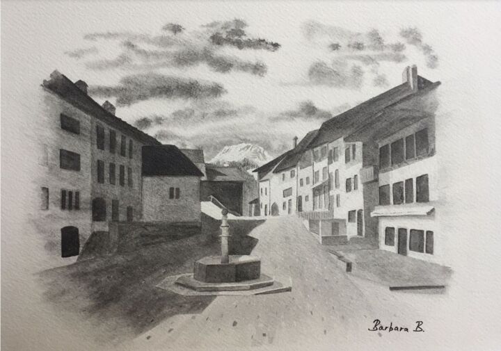 Painting titled "Gruyères Village Mé…" by Barbara B., Original Artwork, Watercolor Mounted on Cardboard