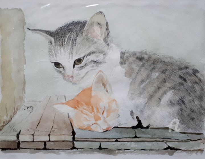 Pintura titulada "Schlummernde Katzen" por Barbara Dominé, Obra de arte original, Acuarela