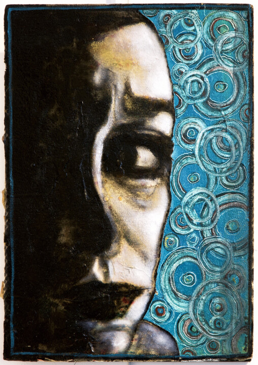 Peinture intitulée "Autoportrait bleu" par Barbara E.Lezmy, Œuvre d'art originale, Huile Monté sur Châssis en bois