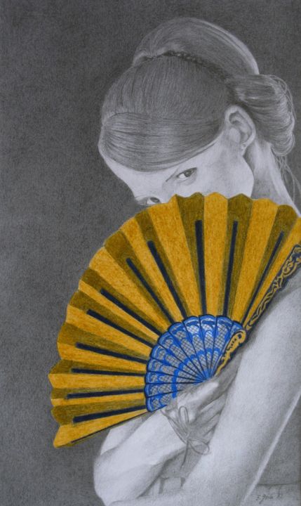Dessin intitulée "Frau mit Fecher" par B. Gribi, Œuvre d'art originale, Conté