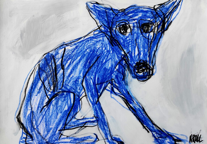 Tekening getiteld "Blauer Hund" door Barbara Kroll, Origineel Kunstwerk, Pastel