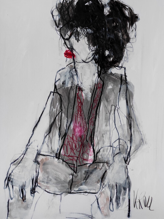 Tekening getiteld "Sitzende Frau mit r…" door Barbara Kroll, Origineel Kunstwerk, Pastel
