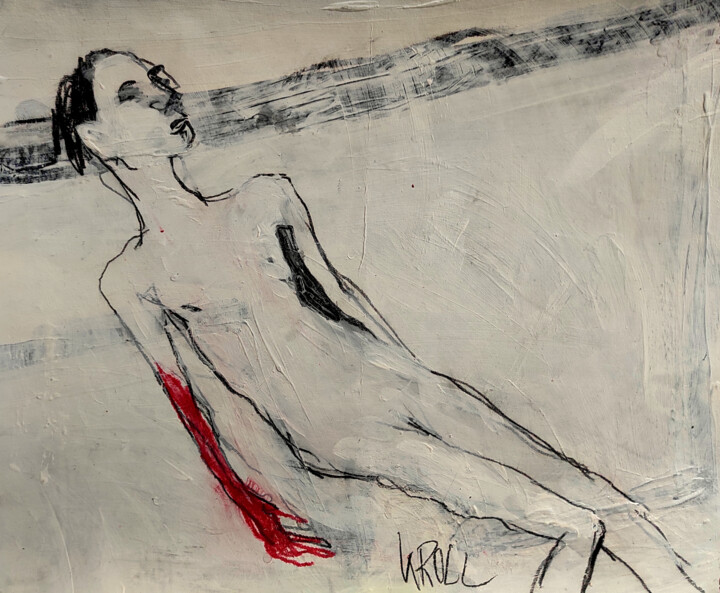Zeichnungen mit dem Titel "Akt mit rote Hand" von Barbara Kroll, Original-Kunstwerk, Bleistift