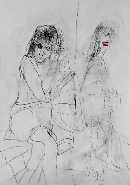 Drawing titled "Zwei Frauen" by Barbara Kroll, Original Artwork, Pencil