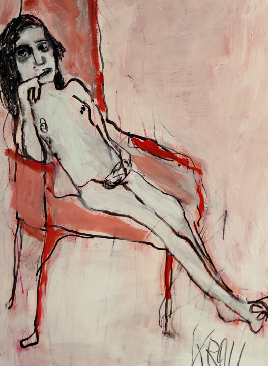 Dessin intitulée "Akt in einem roten…" par Barbara Kroll, Œuvre d'art originale, Marqueur