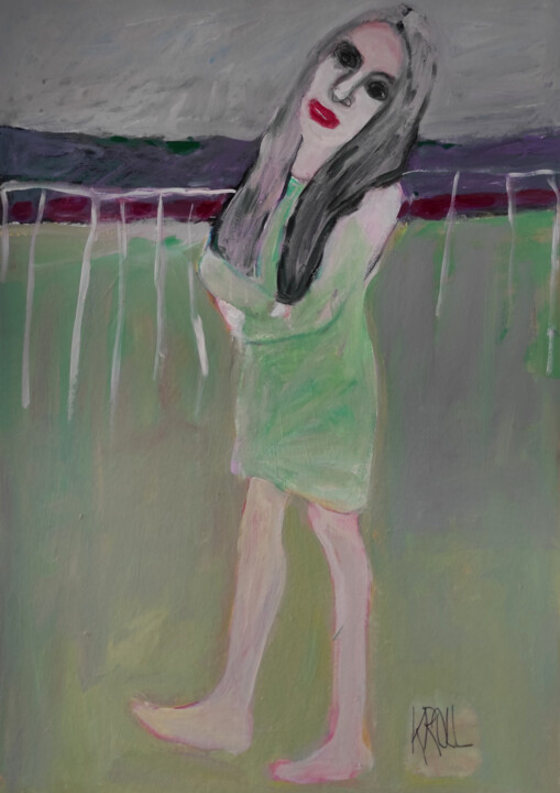 Malerei mit dem Titel "Mädchen im grünen K…" von Barbara Kroll, Original-Kunstwerk, Acryl