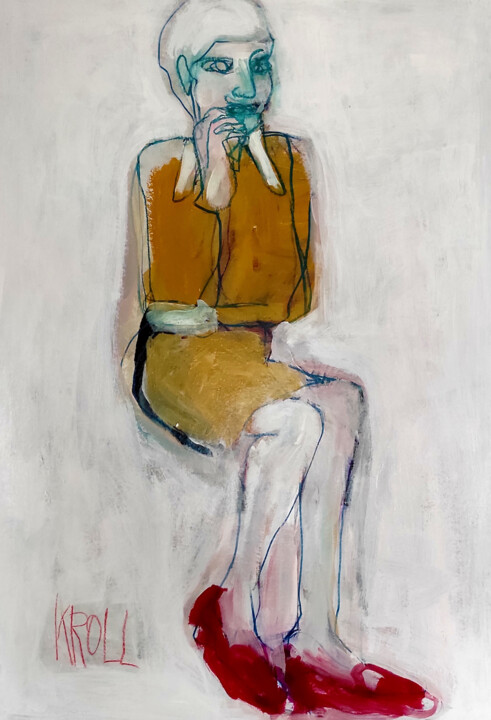 Dibujo titulada "Sitzende Frau mit r…" por Barbara Kroll, Obra de arte original, Acrílico