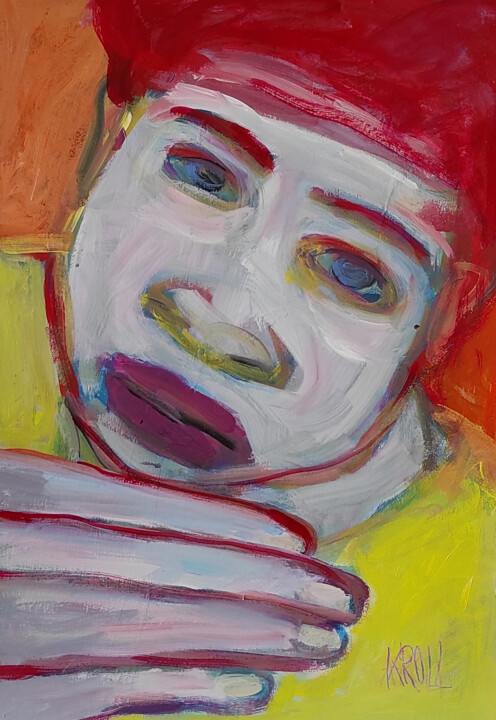 Malerei mit dem Titel "Portrait mit Hand" von Barbara Kroll, Original-Kunstwerk, Acryl