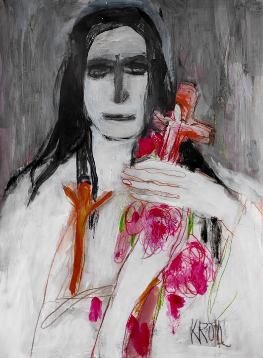 Desenho intitulada "Mädchen mit Kreuz" por Barbara Kroll, Obras de arte originais, Acrílico