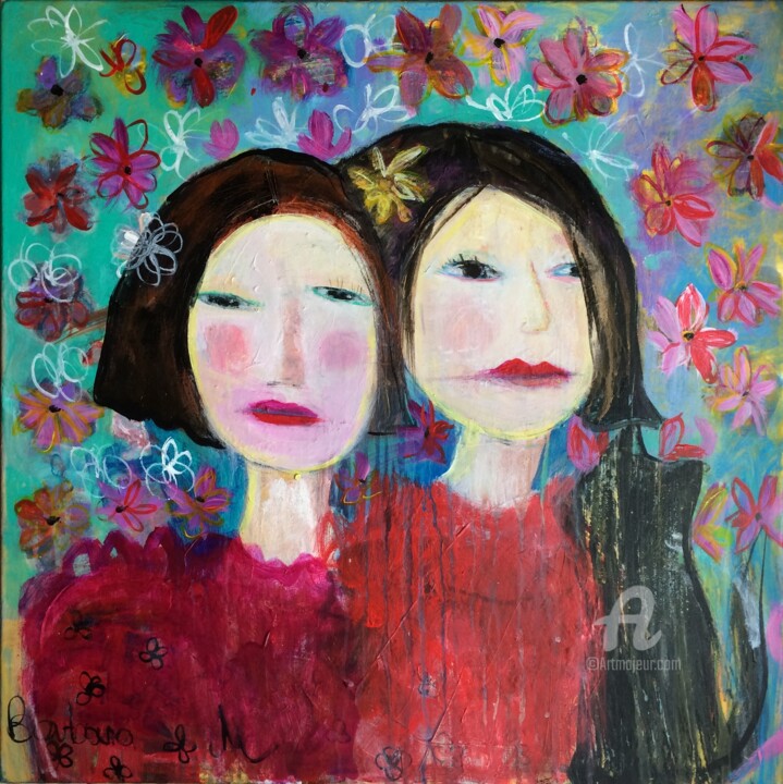 Peinture intitulée ""Deux soeurs"" par Barbara Morin, Œuvre d'art originale, Acrylique Monté sur Châssis en bois