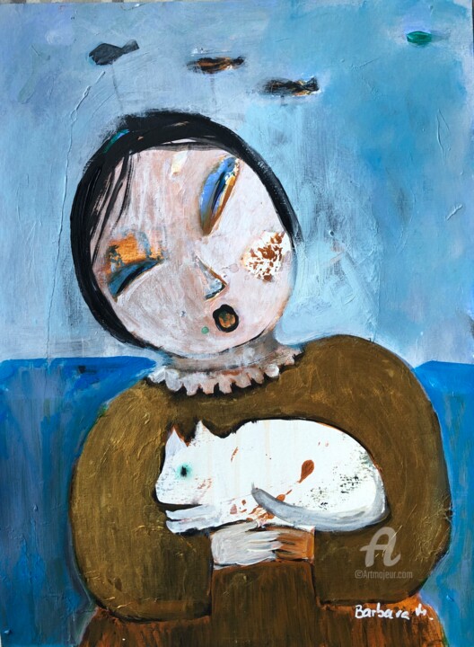 Peinture intitulée "Fille au chat blanc" par Barbara Morin, Œuvre d'art originale, Acrylique