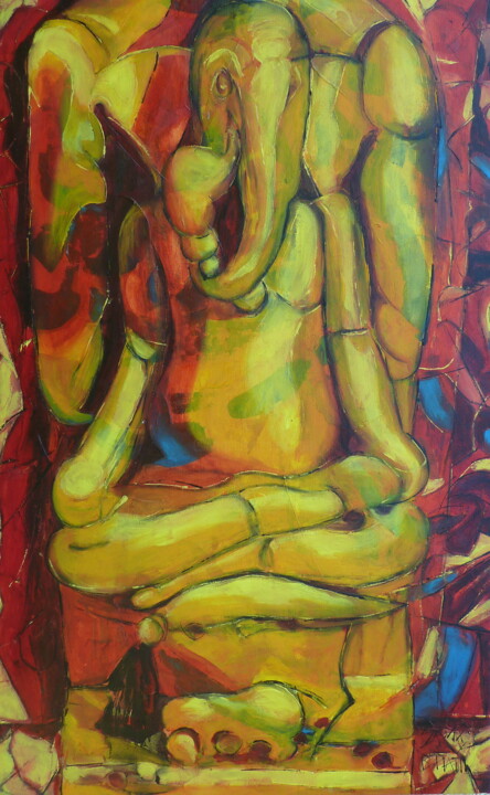 Painting titled ""Ganesh"" by Barbara Piatti, Original Artwork, Oil Mounted on Wood Stretcher frame