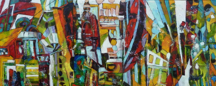 Painting titled ""Chowk"" by Barbara Piatti, Original Artwork, Oil Mounted on Wood Stretcher frame