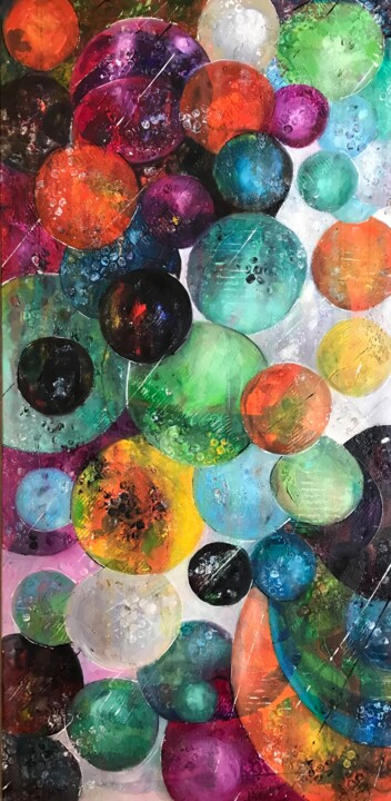 Peinture intitulée ""Les cent bulles"" par Barbara Piatti, Œuvre d'art originale, Huile Monté sur Châssis en bois