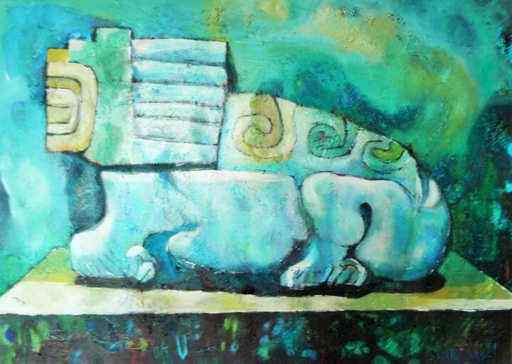 Painting titled ""Le Sphinx"" by Barbara Piatti, Original Artwork, Oil Mounted on Wood Stretcher frame