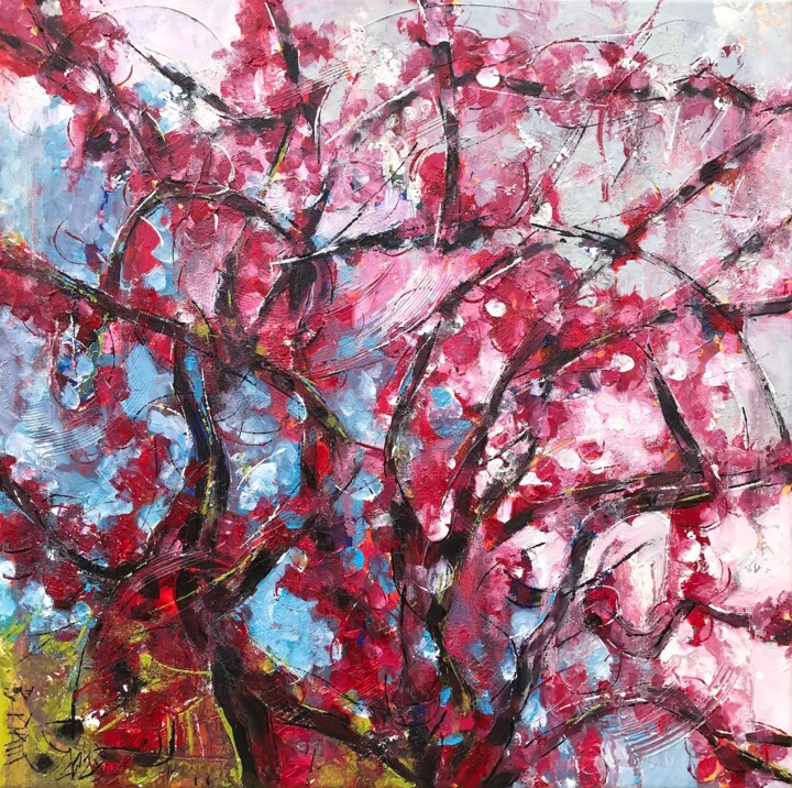 Painting titled ""No Japanese Tree"" by Barbara Piatti, Original Artwork, Oil Mounted on Wood Stretcher frame
