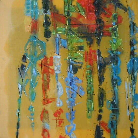 绘画 标题为“Yellow Jazz, Thème C” 由Barbara Piatti, 原创艺术品, 油 安装在木质担架架上