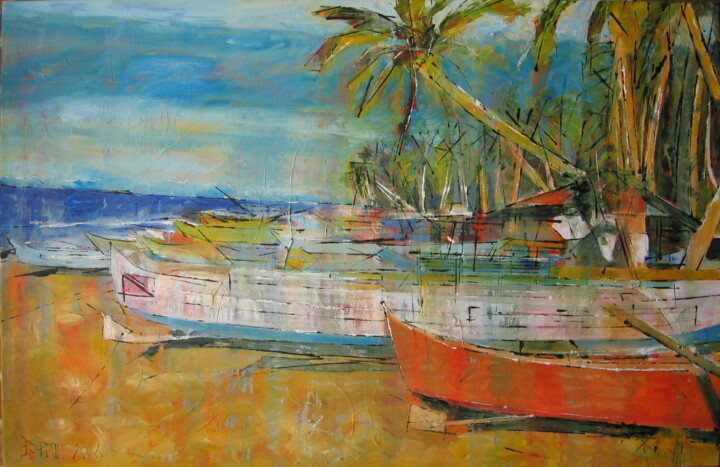 Painting titled "Small orange fisher…" by Barbara Piatti, Original Artwork, Oil