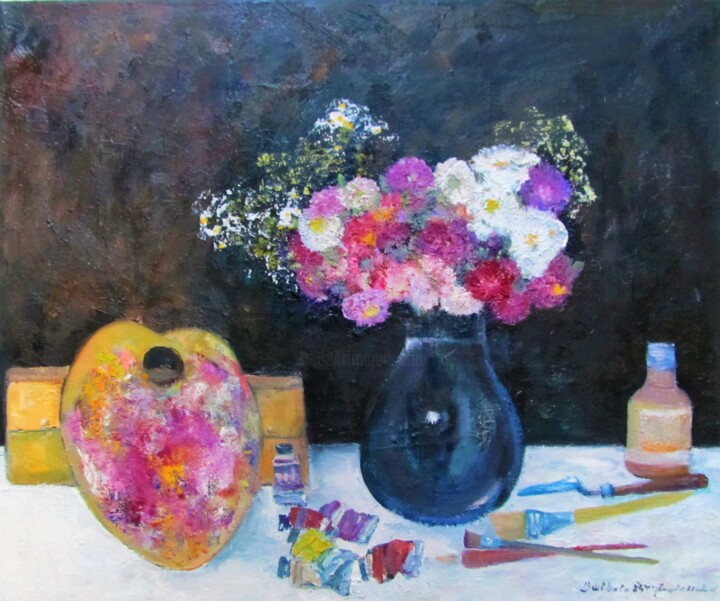 Malarstwo zatytułowany „Astry w pracowni” autorstwa Barbara Przyborowska, Oryginalna praca, Olej
